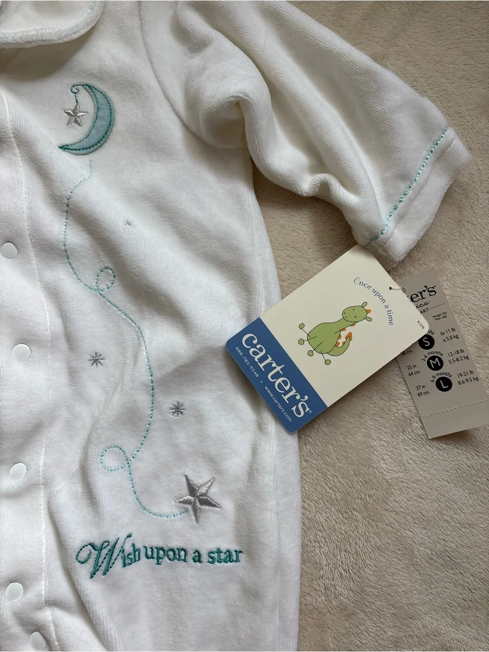 NWT Carter's White Velour Footed Sleeper & Hat Set 3-6 Months Moon Star Wish
